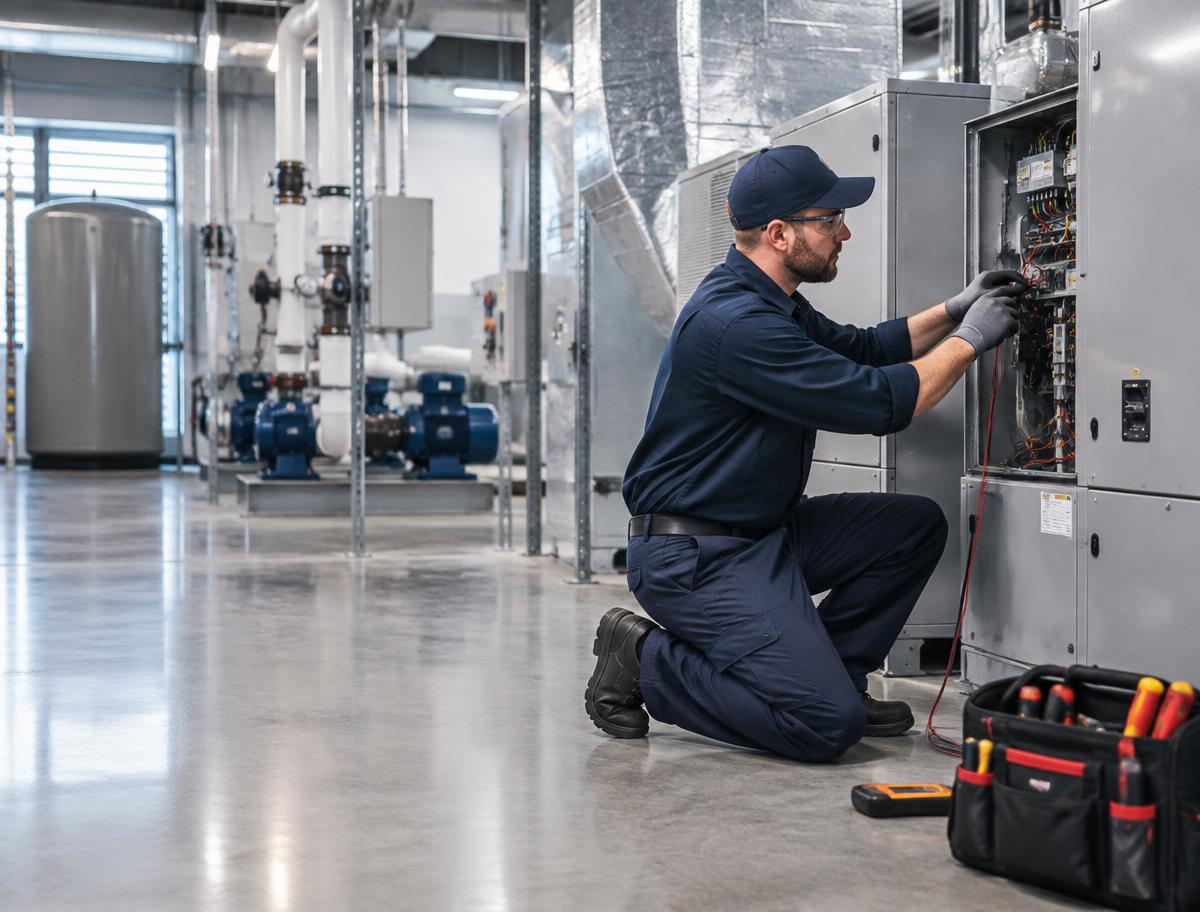 Facility maintenance technician inspecting commercial building equipment