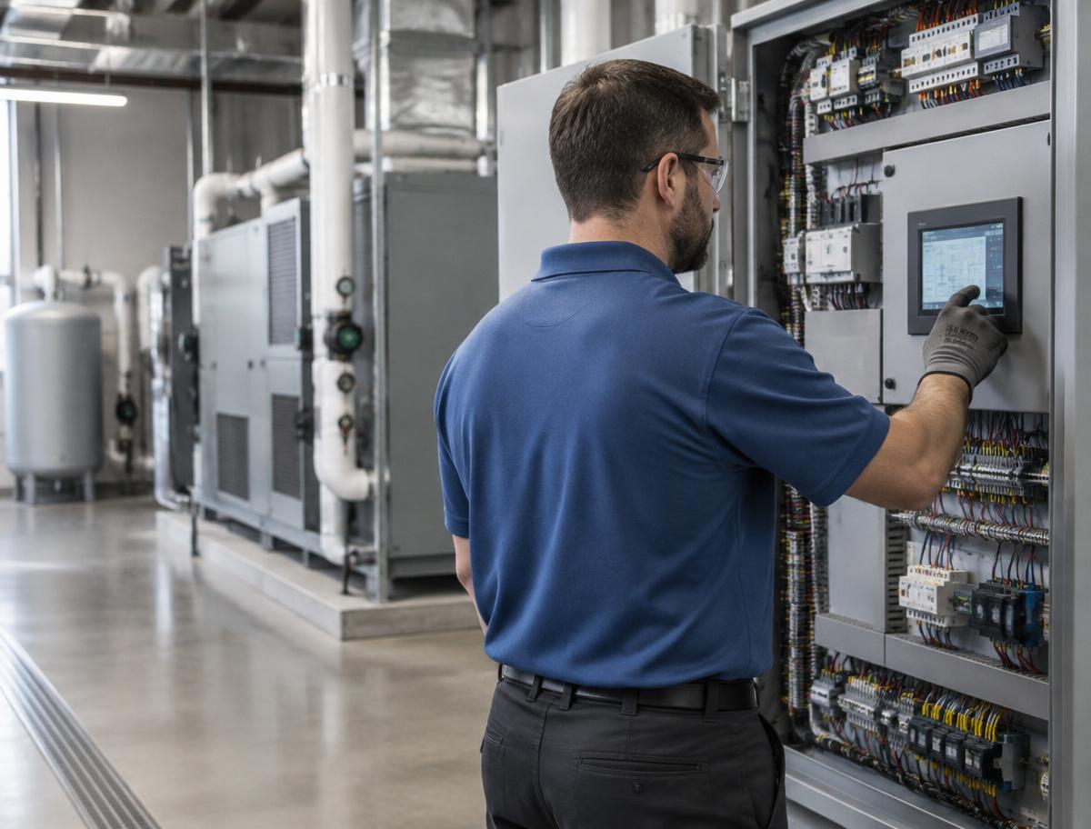 Commercial technician servicing electrical control equipment in a corporate facility