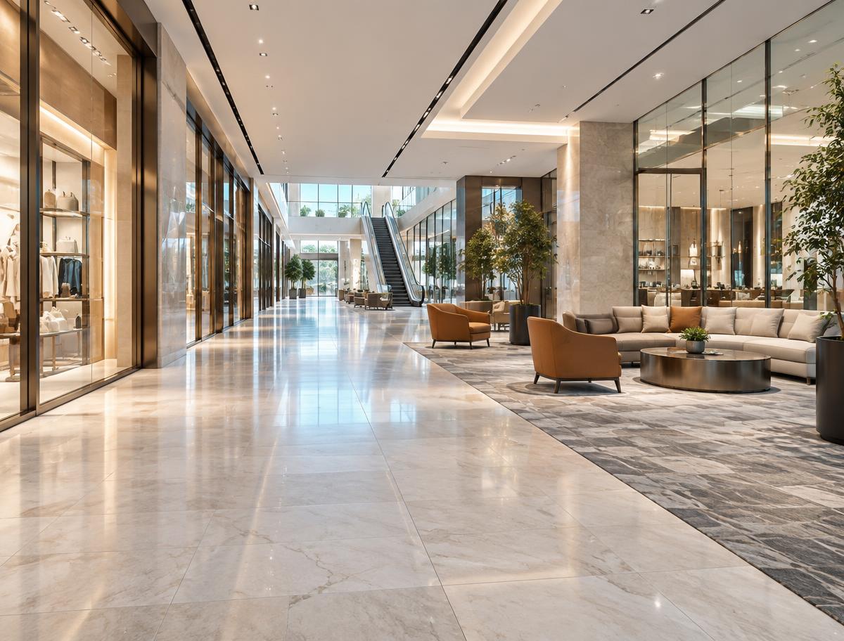 Bright modern shopping center interior with glass storefronts and seating