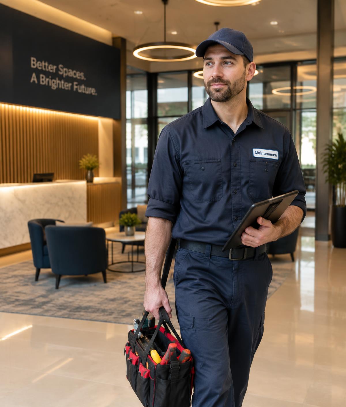 HNS maintenance technician arriving at a commercial building lobby
